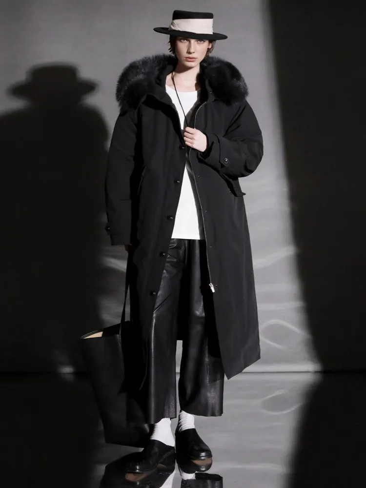 Winter Women Hooded Coat Single Breasted Medium Long Casual Overcoat High Street Fashion Goose Down Warm For Collar Cargo Jacket