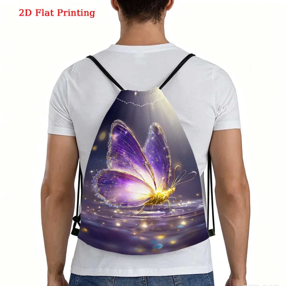 Fashionable, Drawstring Backpack, Purple Butterfly 2D Flat Printing, Fitness Sports Backpack, Outdoor Travel Drawstring Bag