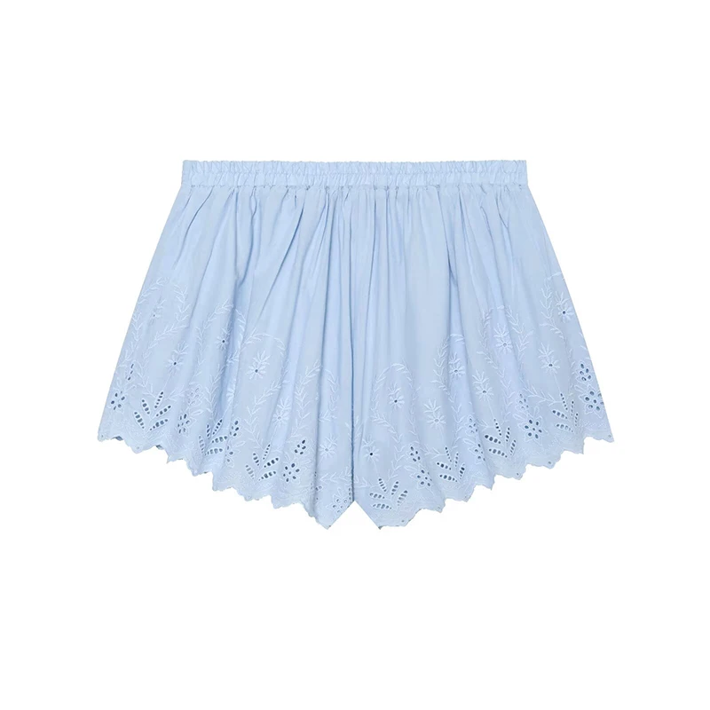 YENKYE Women's Light Blue Floral Embroidery Shorts Elastic Waist Loose Casual Summer Hot Pants Vacation Bottoms