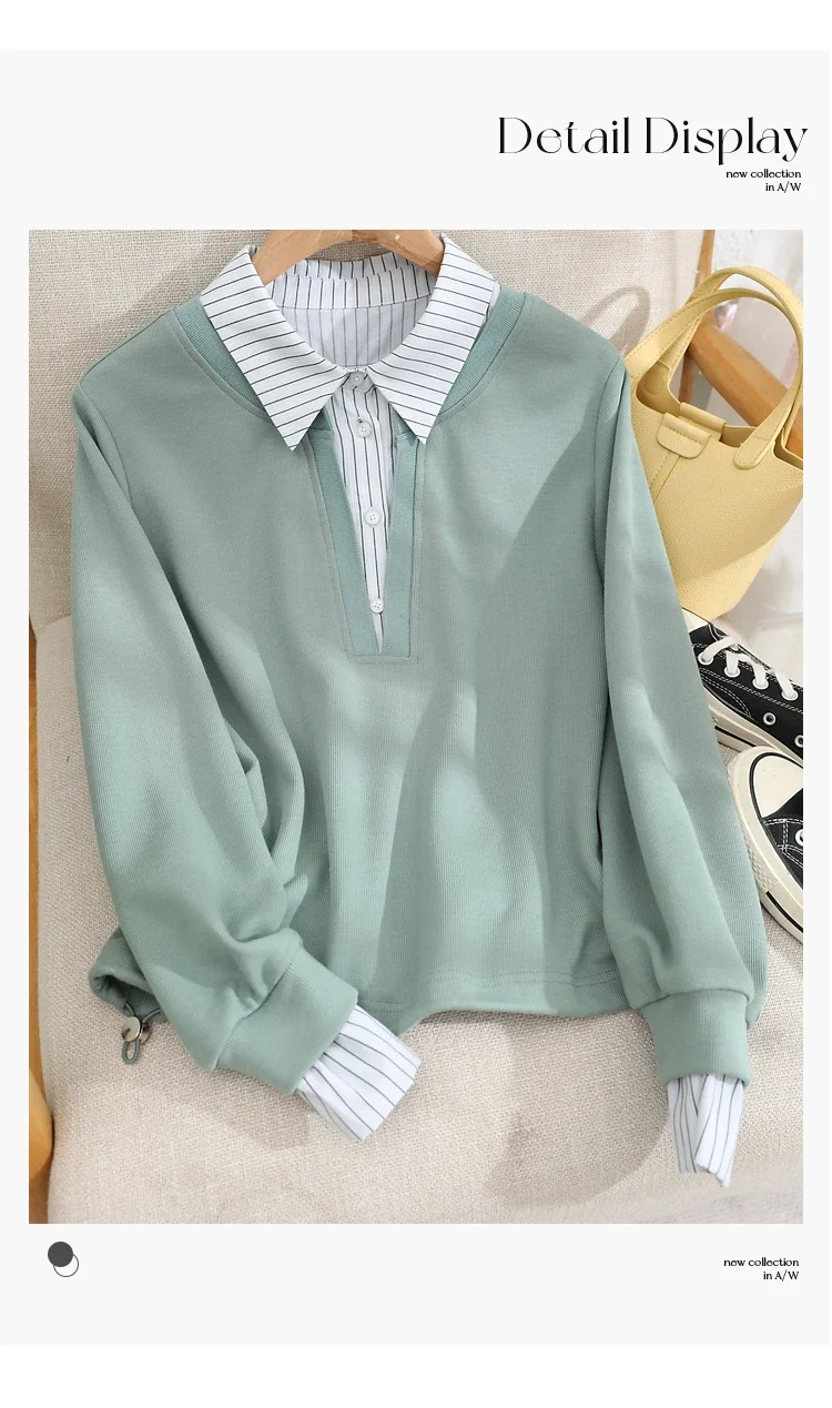 Vimly Striped Shirt Collar 2 in 1 Pullover Sweatshirts for Women Spring Autumn Elastic Hem Fake Two Piece Long Sleeve Top M2698