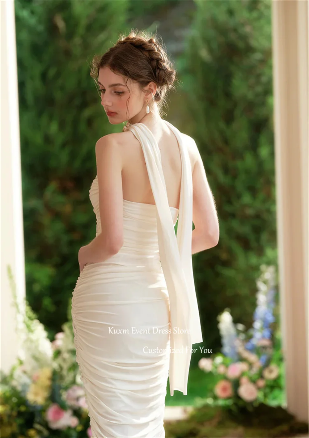 Kuxm White Sweetheart Mermaid Wedding Dress Sleeveless 3D Flowers Bridal Gown Elegant Backless Ribbon Robe De Mariée Customized