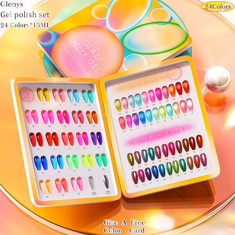Glenys 24 color nail polish gel net red popular jelly soaked gel color matching card UV LED nail salon essential varnish set