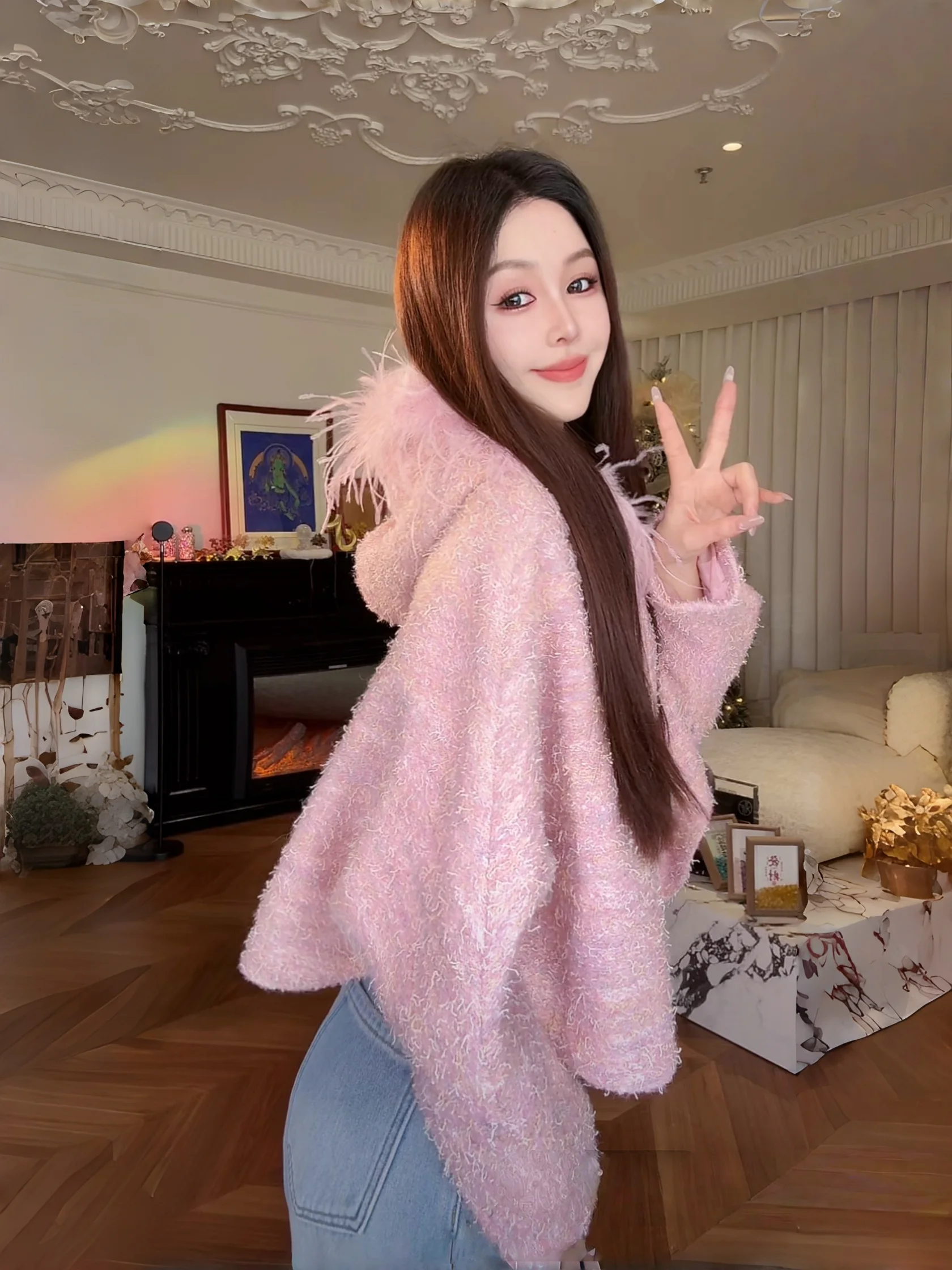 

Ele Sle Removable Du Feather Collar Hooded Coat Romantic Sweet Dr Wool Blend Velvet Feel Ladies Faion ort Oute...