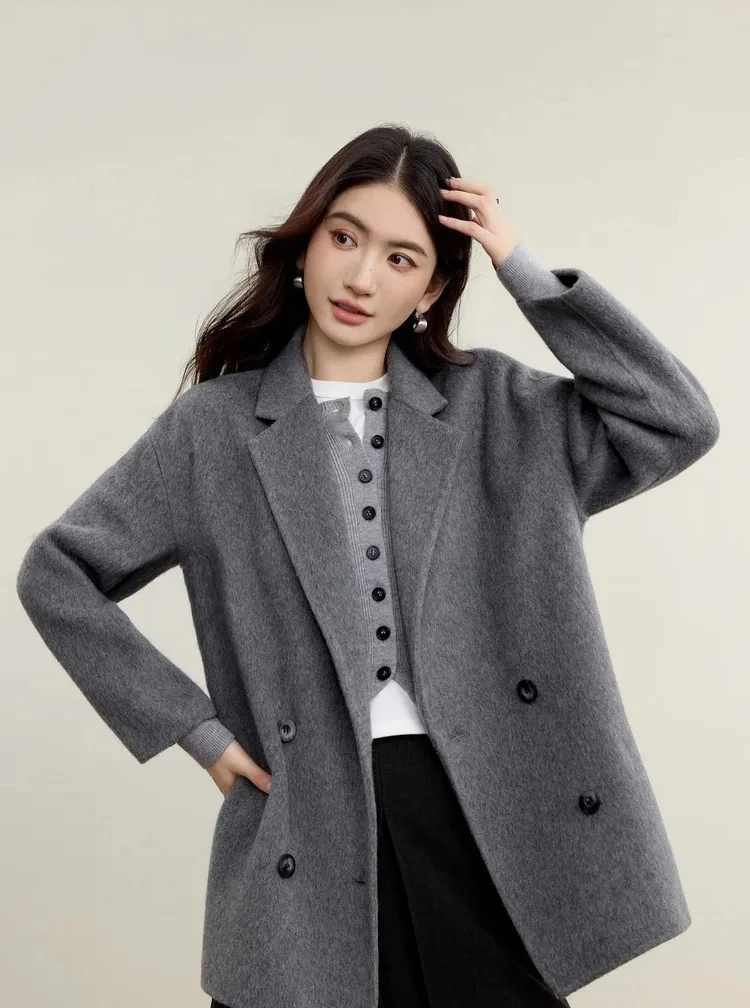 SENTUBILA Doppelseitiger Wollmantel für Damen Winter 2026 Neue Warme Mäntel Zweireihiger Langer Locker Sitzender Mantel Damen W54OA2039 – Detail 23