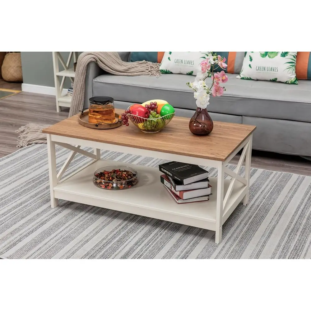 

Rustic Square Coffee Table with Storage Shelf, Modern Living Room Furniture, Easy Assembly, Ivory & Oak Finish