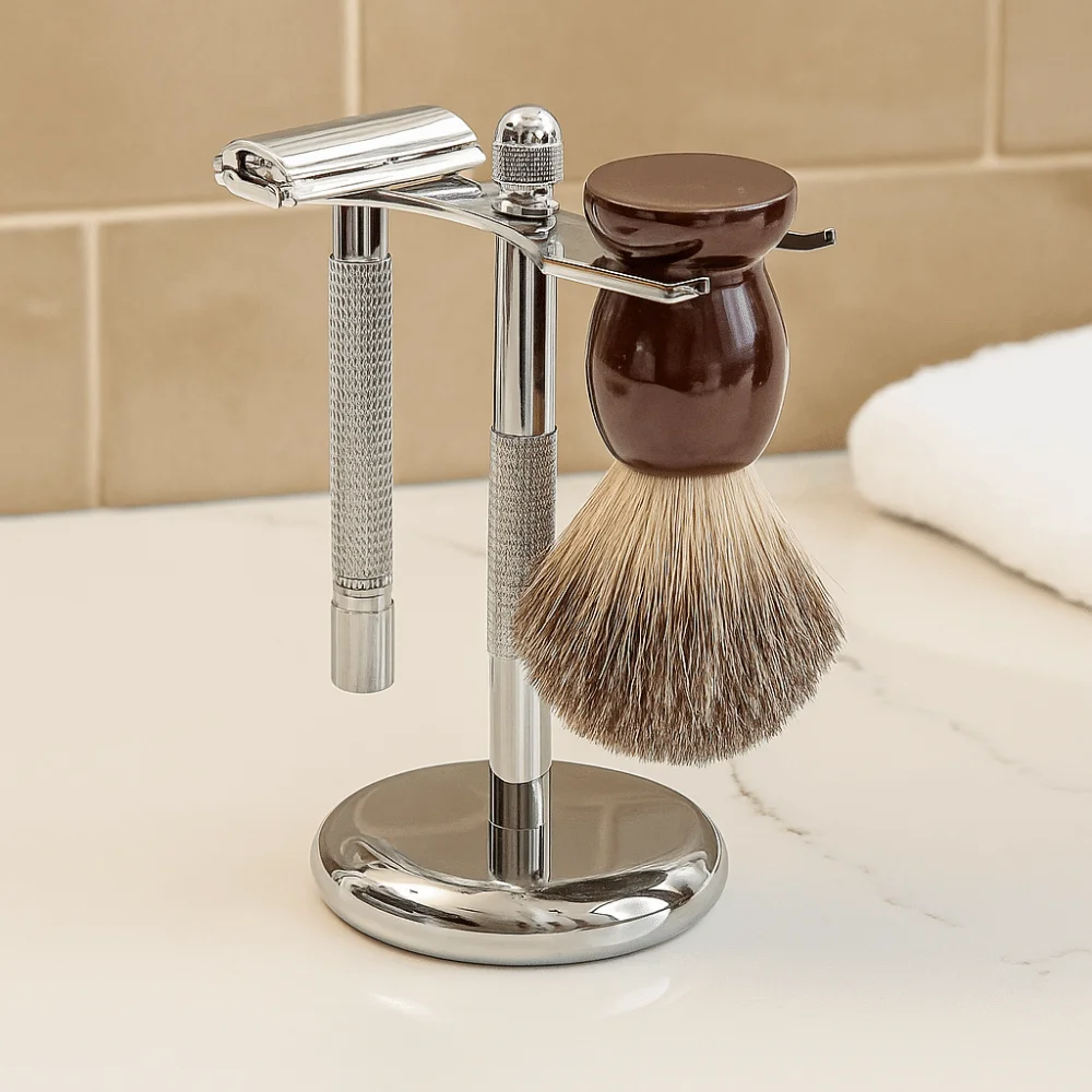

Alloy Construction Razor and Brush Stand Chrome Finish Weighted Bottom Shaving Brush Stand Safety Extra Wide Openings