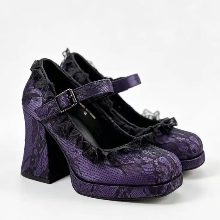 Punk Style Pointed Toe Black Rivets Platform Women Marry Jane Shoes Chunky High Heels Buckle Strap Design Large Size Pumps Shoes