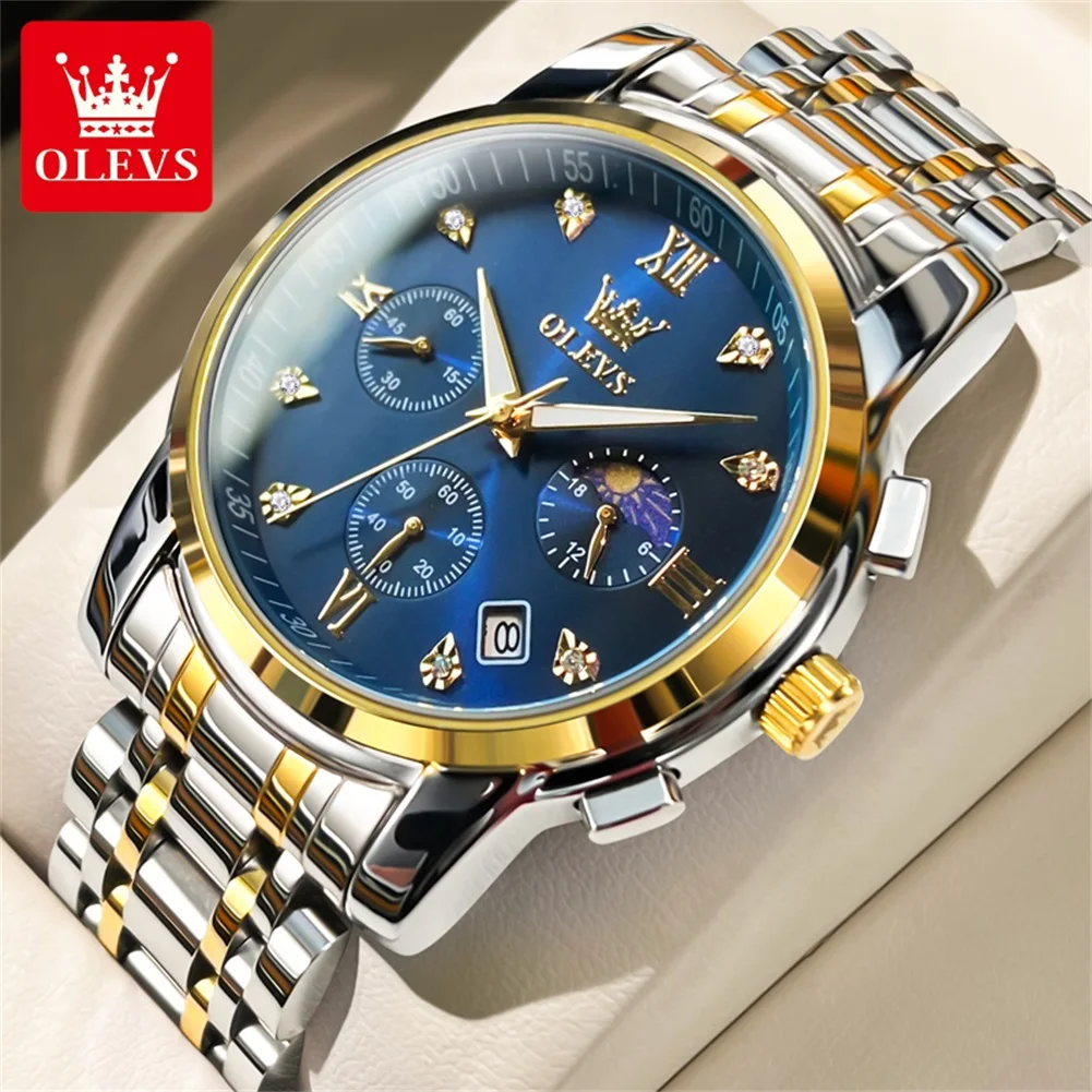 OLEVS 2858 Herenhorloge Luxe merk quartz horloge Multifunctionele chronograaf Waterdicht lichtgevend maanfasehorloge Trend herenhorloge