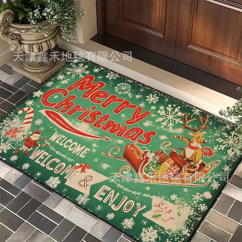 VIKAMA Green Santa Sleigh Reindeer Welcome Doormat for Entryway Front Porch, Stain Resistant Durable Xmas Holiday Rug Home Decor