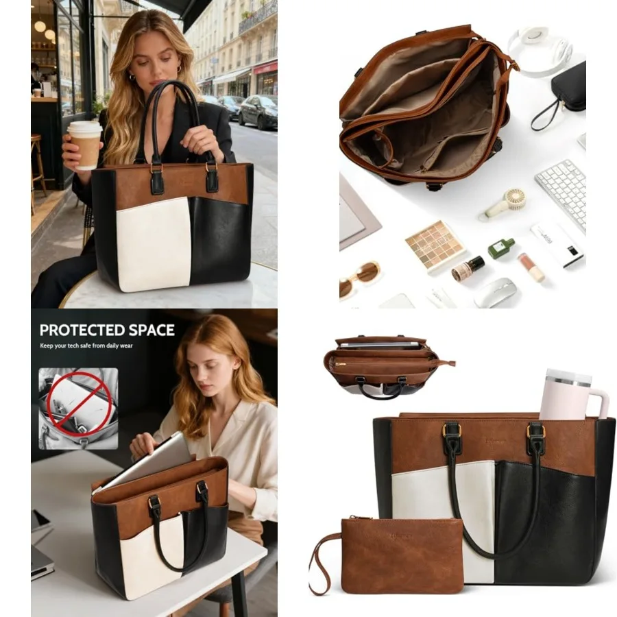 

Laptop Tote Bag for Women, Leather Work Tote with Padded Laptop Compartment, Cup Holder, Office Computer Briefcase