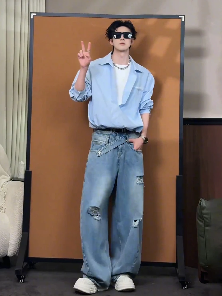 

Мужские джинсы с двойным поясом, модные, брендовые, с прорезями, широкие штанины, с высокой талией, повседневные, весенние