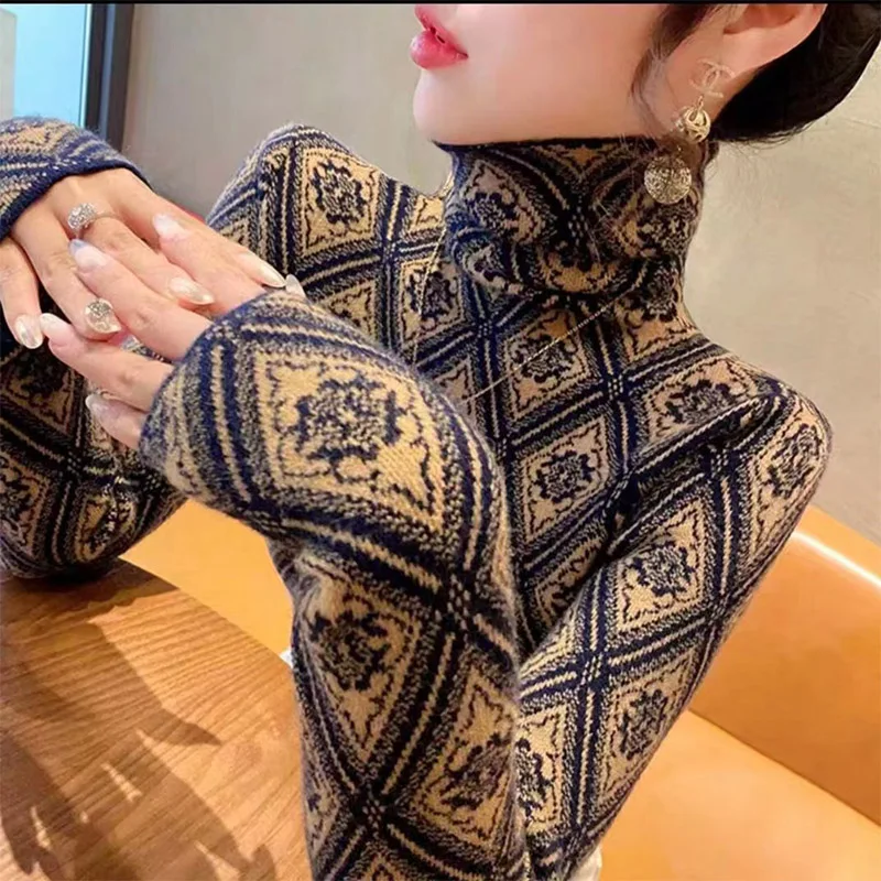 Women Clothing Ethnic Style Fashion Slim Pullovers Early Spring Vintage Jacquard Elasticity Sweaters Kniited New Turtleneck Tops