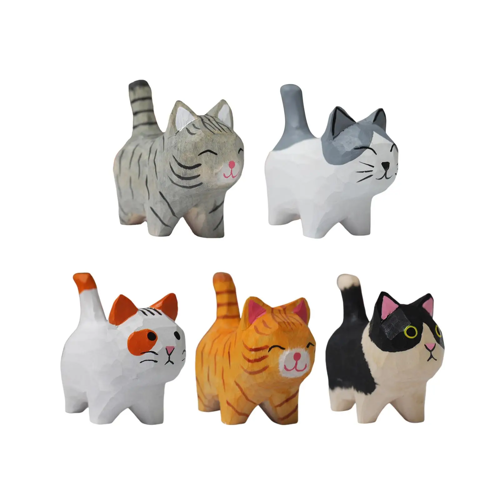 Wood Carved Cat Statue Mini DIY Decor Animals Model Cute for DIY Terrarium
