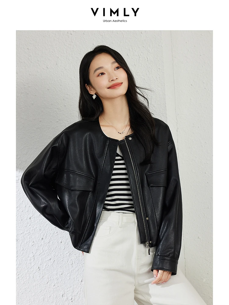 VIMLY Vintage Simple Black Leather Jacket Women Spring Autumn Casual O-Neck Zippers Pockets Loose Streetwear Short Coat Outwears