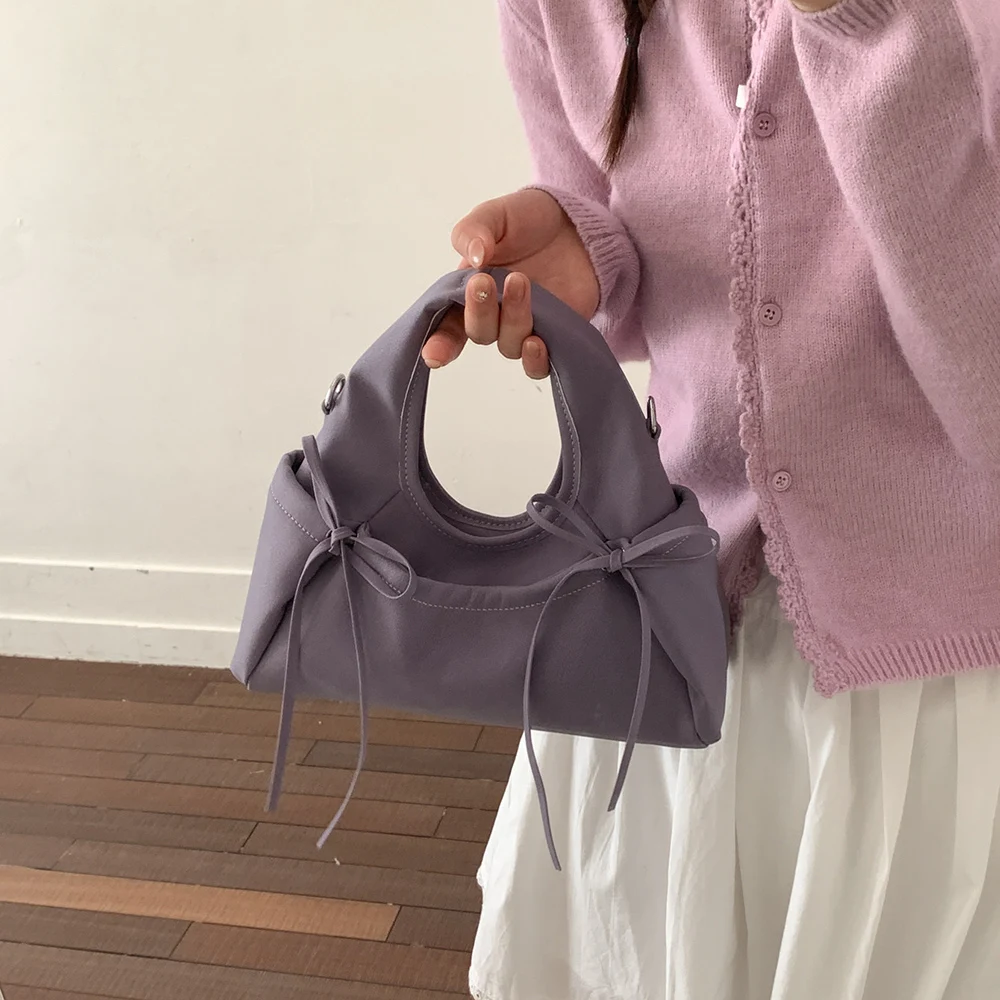 Women's Spring Solid Color Bow Handbags High Grade Pu Soft Buckle Crossbody Bag Versatile Daily Shopping All-Match Shoulder Bags