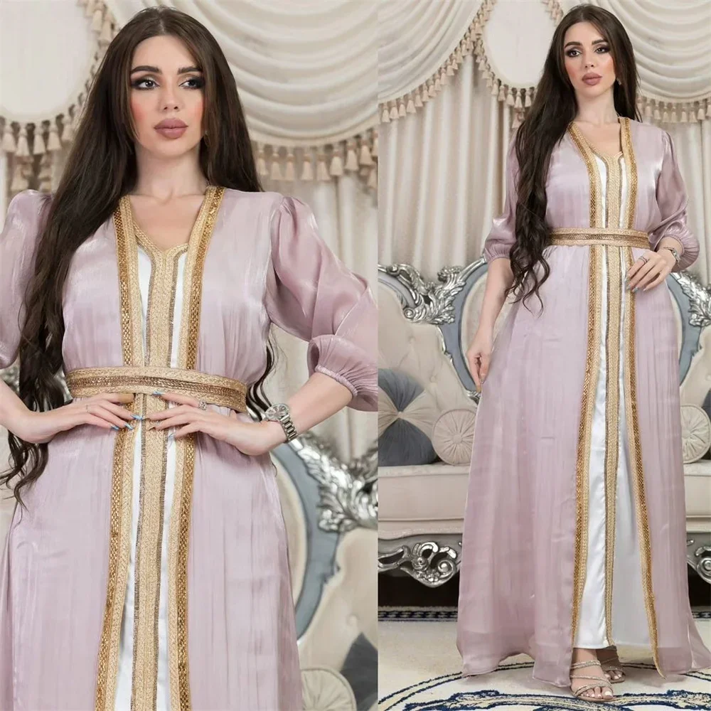 Moroccan Caftan Luxury 2025 Satin Elegant 2pcs Diamonds Abaya Muslim Sets Ramadan Dresses For Women Kimono Jalabiya Eid Robe New
