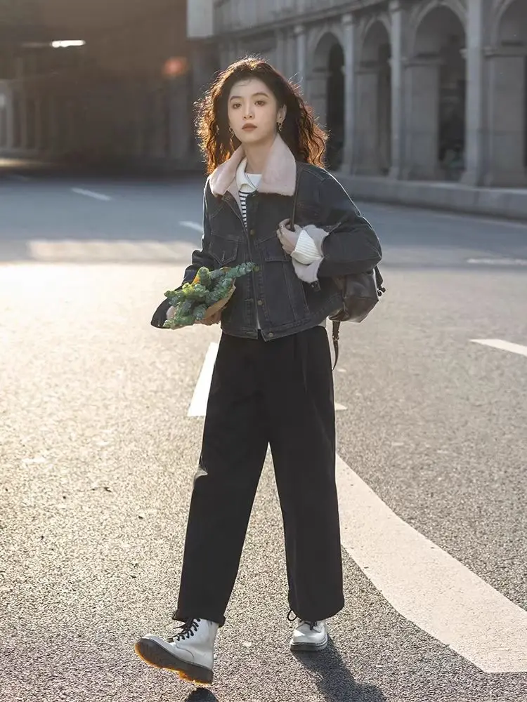 

Denim Coat Black Sexy Fur Plush Womens Fall Boxy-Fit Sweet Cool Girl Urban Office Anti-Wrinkle Adjustable Buttoned Raglan Jacket