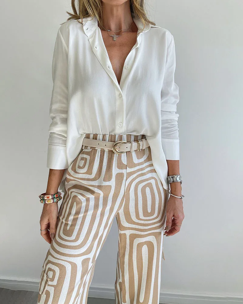 Women Print Two Piece Sets Wide Leg Pants with Single Breasted Blouse Shirt Tops 2 Piece Set Office Lady Loose No Belt Outfits