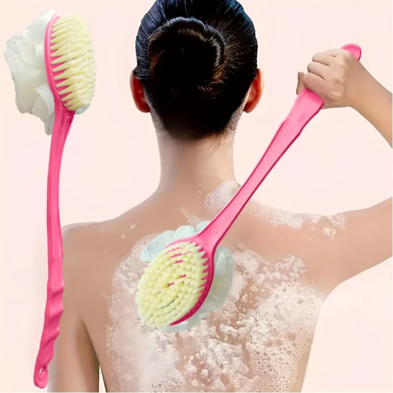 1 soft loofah brush and bristle bath body brush with curved long handle - odorless, manual exfoliating scrub suitable for full