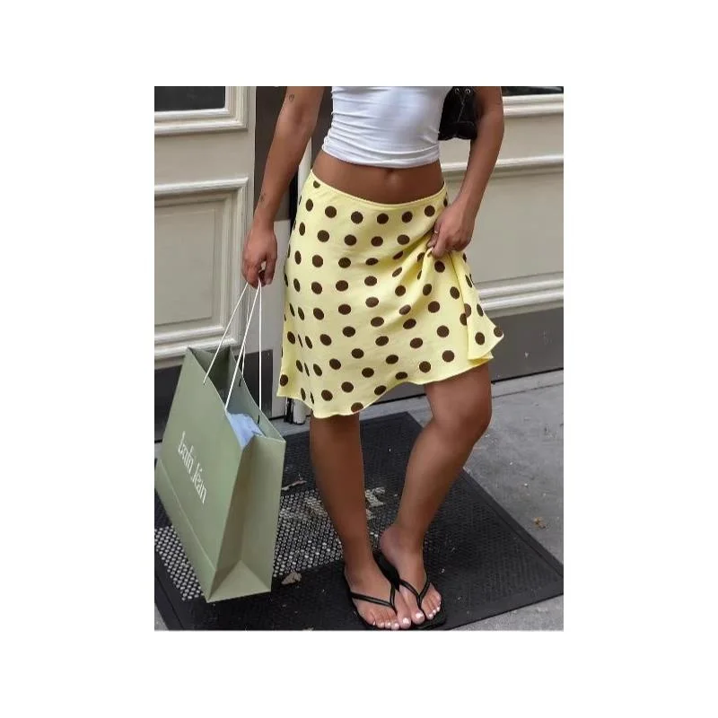 Versatile Retro Spicy Girl Chiffon Polka Dot Skirt mid Waist H-Shape PVC Fabric Printed Dance Casual Travel Youth Skirt