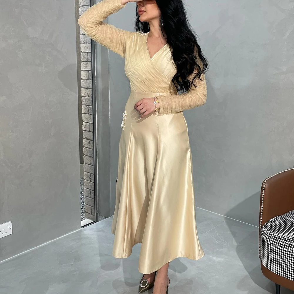 

Customized Classic Tea Length Pleats V-Neck Long Sleeves Evening Dress Temperament A-Line Photo Color Party Gown платье вечернее