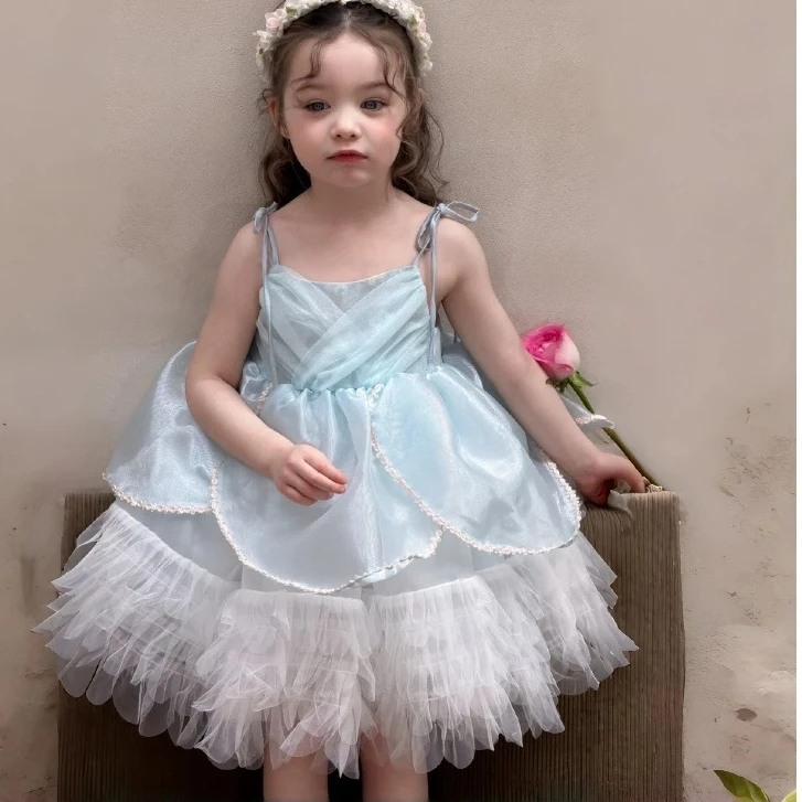 Meninas vestido 2026 primavera e verão novas roupas infantis estilo coreano menina bebê doce lindo malha bolo vestido de princesa