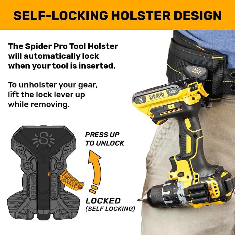 Spider Pro Tool Holster - Upgraded, Self Locking, Quick Draw Universal Tool Holder with  Ambidextrous Thumb Lock