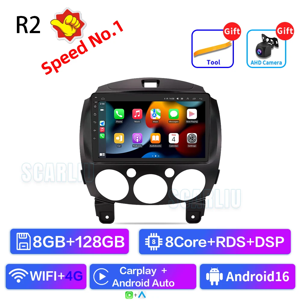 SCARLIU voor Mazda 2 2007-2014 Multimedia Video Player 4G WIFI GPS Navigatie Carplay DVD Head Unit 2 Din Android 16 Autoradio