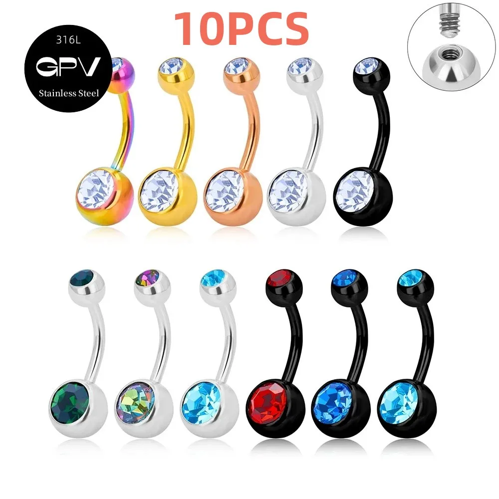 

10PCS 316L Stainless Steel Navel Nail With Double Head Inlaid Zircon External Thread Perforated Navel Decoration Navel Ring