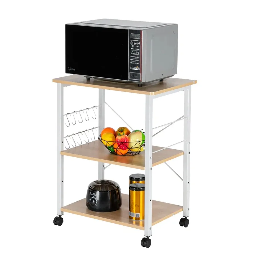 

Baker's Rack 3-Tier Kitchen Utility Microwave Oven Stand Storage Cart Workstation Shelf Vintage Board Top Black Metal Frame RT