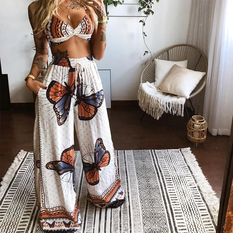 

Two-piece sexy printed tube top loose wide-leg pants