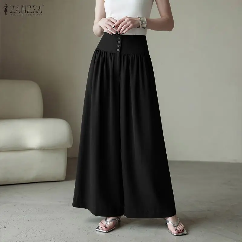 ZANZEA 2026 Casual Loose Wide Leg Trousers Women Pants Buttons Fashion Summer Capris Pleated Solid Color Long Bottoms Oversized