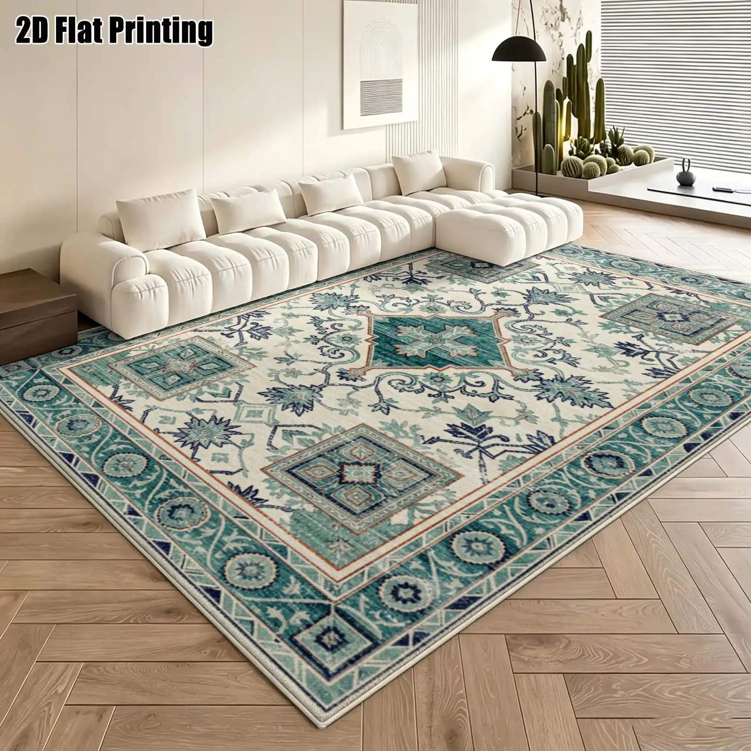 1Pc 2D Printed Blue&White Geometric Floral Vintage European Bohemian Carpet, Home Decor, Multi-Size, Machine Washable, for Entrance, Dining Room, Foyer, Bedroom, Living Room