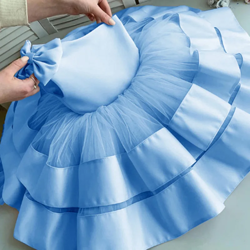 Princess Satin Tulle Tiered Bow Flower Girl Dresses First Communion Dresses Birthday Christmas Gift Wedding Party Birthday