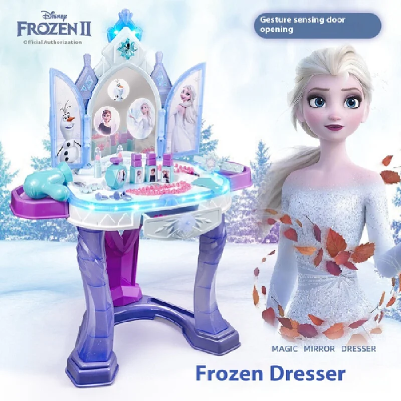 Disney Kids Cosmetics Air Gesture Frozen Princess Makeup Playset Lipstick Ring Perfume Dresser Dressing Table For Girls Toy Gift