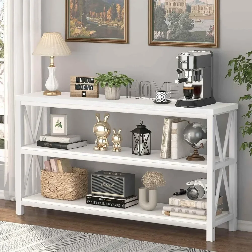 FATORRI Industrial Console Table for Entryway, Rustic Long Sofa Table with 3 Tier Shelves, White Hallway