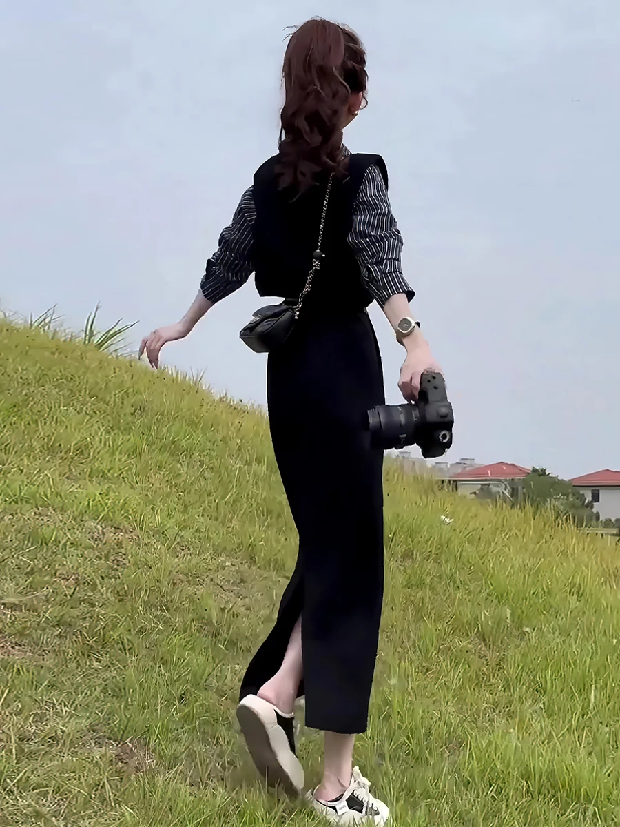 Lente 2025, damesset met hoge taille, gestreept irt-vest en rok, Faion-ontwerp, vals tweedelig pak voor kleine dames