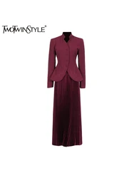 TWOTWINSTYLE Solid Elegant Two Piece Set For Women Stand Collar Long Sleeve Spliced Button Tops High Waist Skirt Set Female New