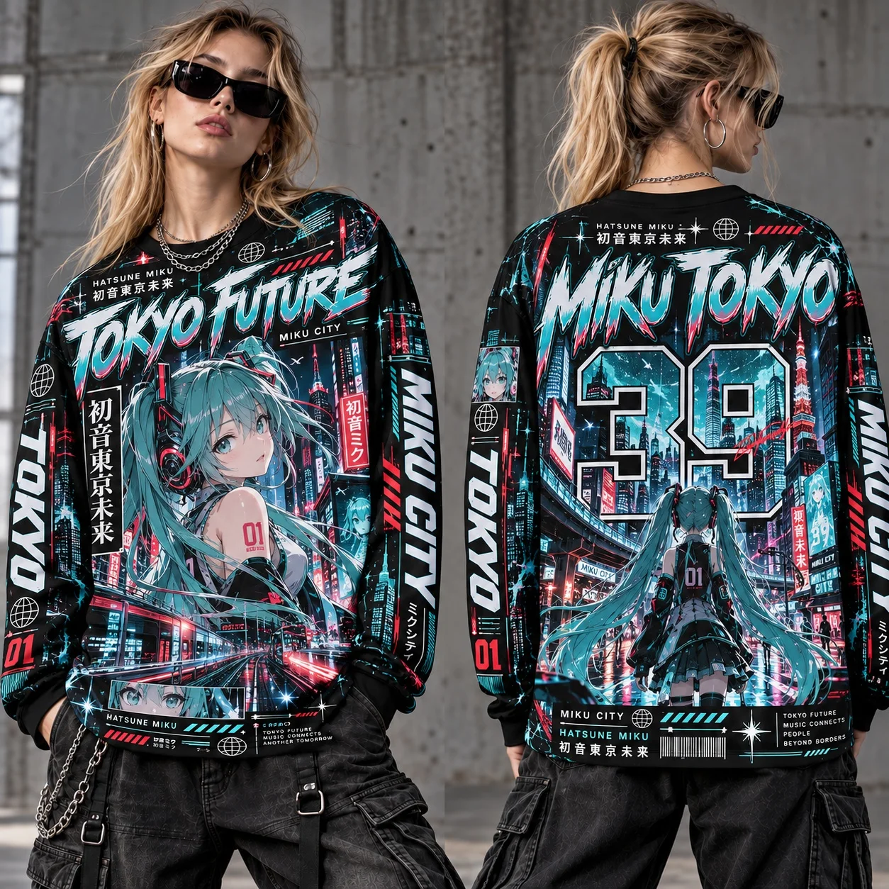 Hatsune Miku Tokyo Future Graphic Sweatshirt Women Adult Anime Long Sleeve Pullover Oversized Streetwear Casual Top
