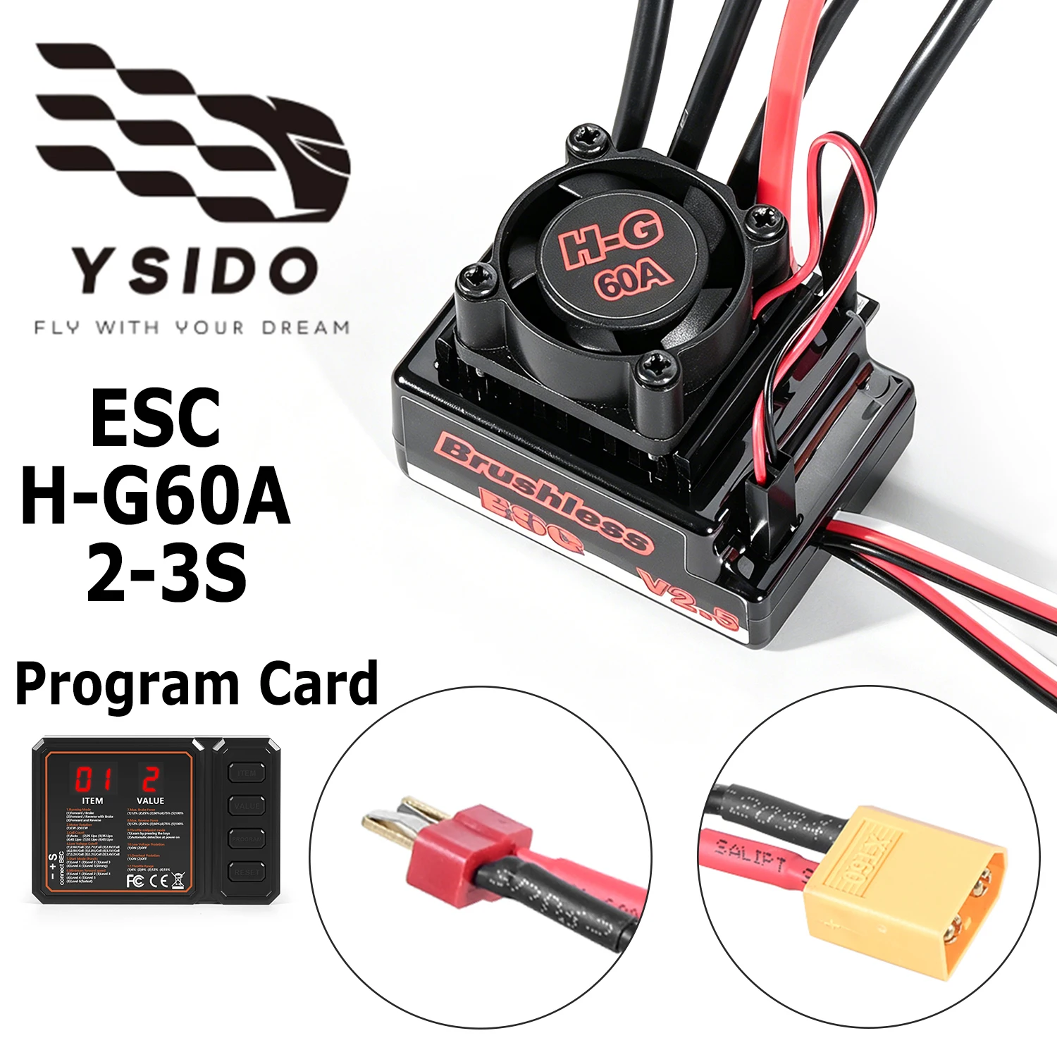 

YSIDO Brushless ESC Speed Controller 60A H-G60A 2-3S with Program Card for 1/10 Wltoys WPL RC Crawler Car Monster Model Parts