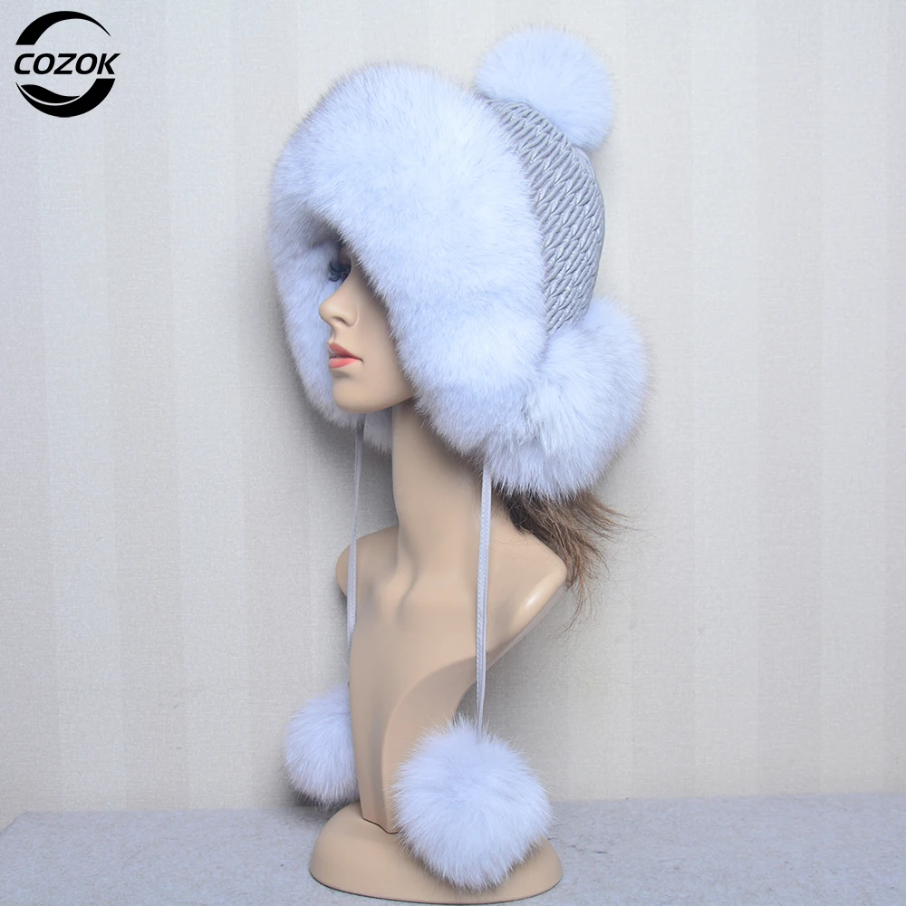 

Knitted Hats Real Fox Fur 2024 Autumn Winter Womens Earmuffs Women Knitted Hats Luxury Winter Lady Warm Caps Real Fur Fox Ball