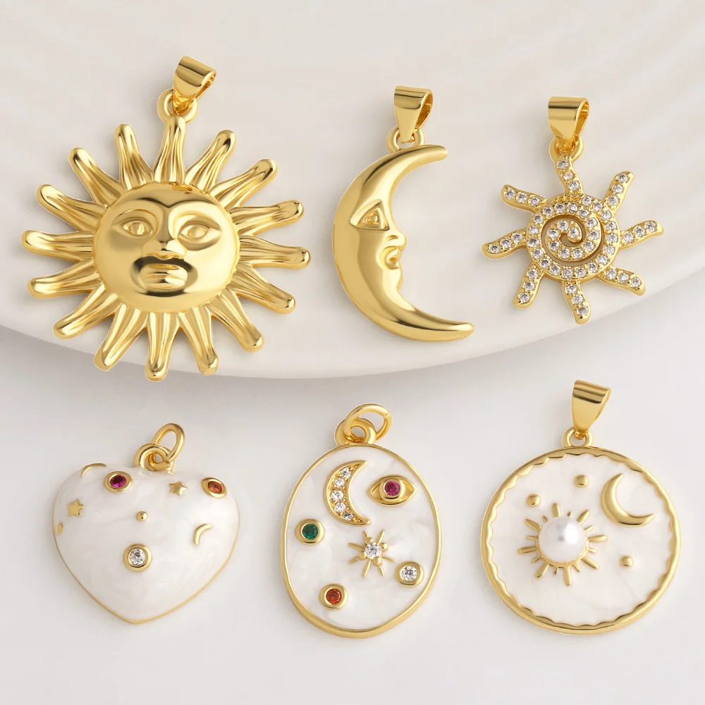 OCESRIO Large Sun Moon Heart Enamel CZ Dangle Pendant Copper Gold Plated Celestial Jewelry Making Component DIY pdtc090