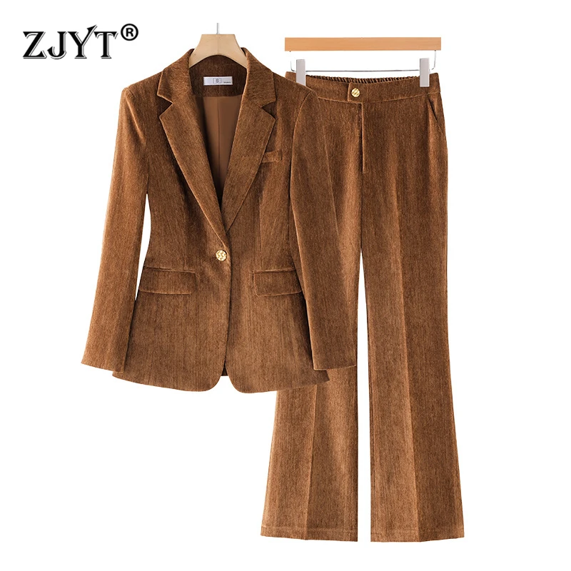 ZJYT Autumn Winter Velour Jacket Pant Sets 2 Pieces for Women Elegant Ladies Office Work Outfit Plus Size Blazers Suit Feminino