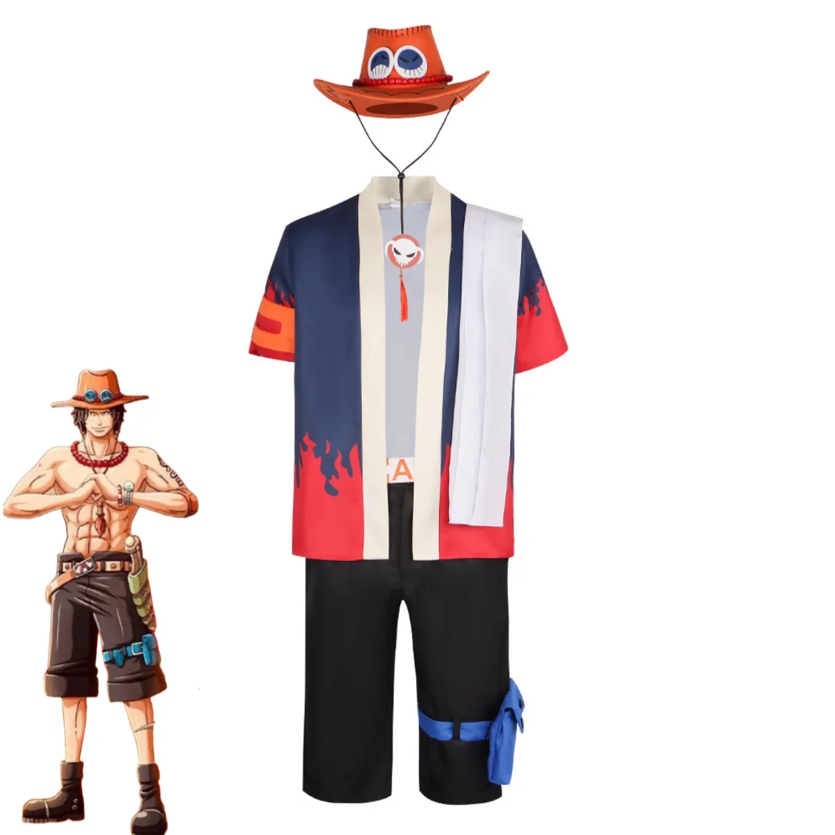 Anime Portgas D Ace Cosplay Costume Fire Fist Ace Fantasia Robe Short Sleeve Shirt Uniform Shorts Hat Man Halloween Carnival Set