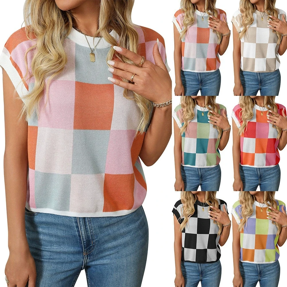 

Летние рукава-шапки, короткие рукава с открытым пупком, вязаный свитер в шахматном порядке с круглым вырезом и цветными блоками, короткие топы