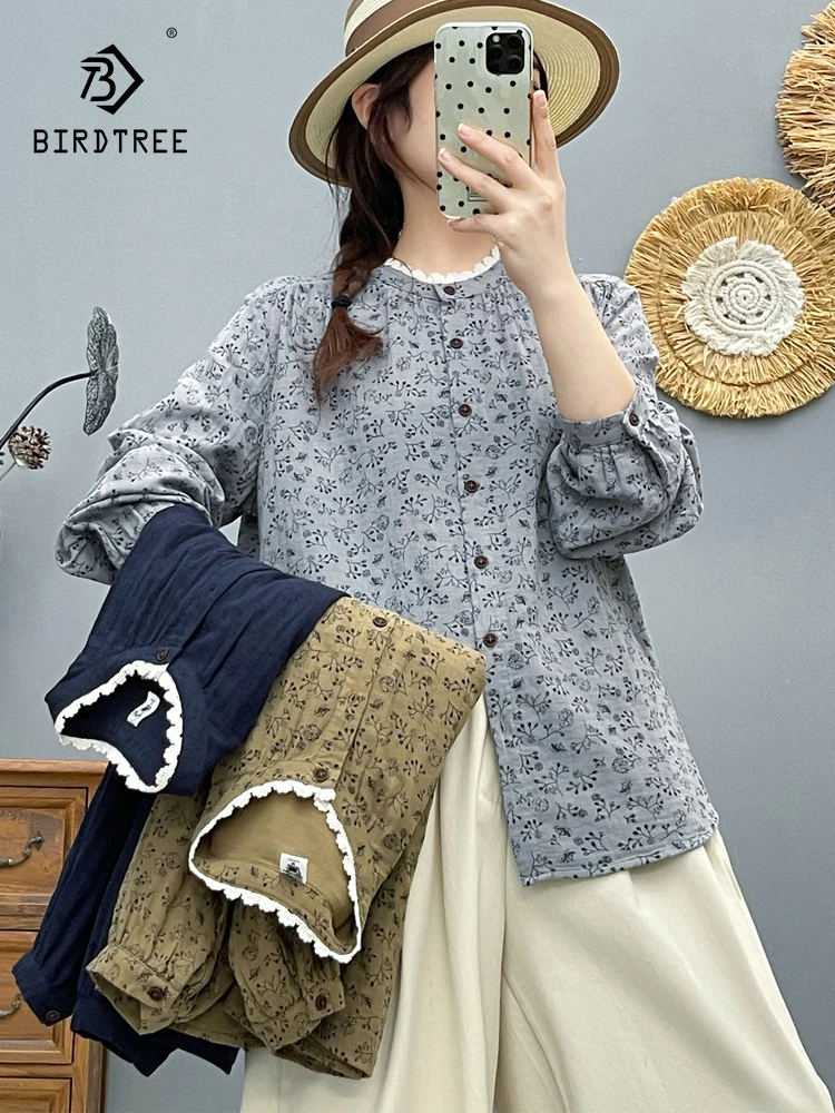 

Новинка 2025, осенняя рубашка с длинными рукавами из хлопковой пряжи, женская рубашка с рюшами и цветочным принтом, модная удобная свободная блузка Mori Girl T59020CC