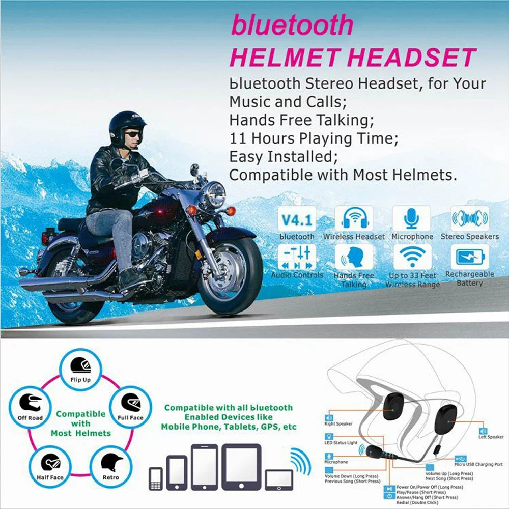 50M Waterproof Moto bluetooth Wireless Anti-interference Helmet Headset Hands Free bluetooth V4.2 Intercom for Motorcycle