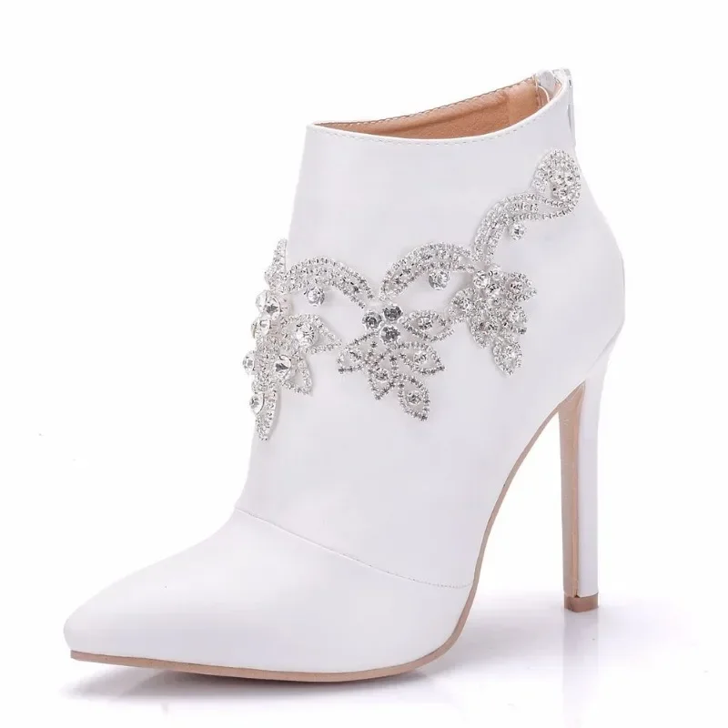 Autumn Winter Boots For Women Ankle Boot Rhinestone ZIP PU 11CM Thin high heels Concise Lady Wedding Women Shoes white