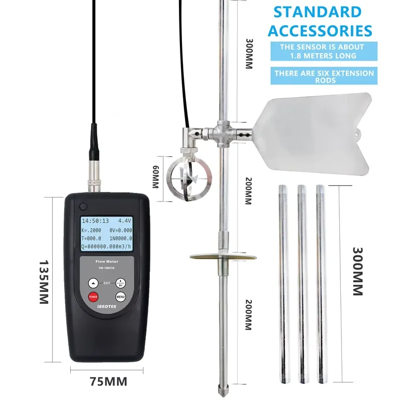FM-100V10 Portable Flow Velocity Meter 0-10m Range Handheld Instrument for Measuring Fluid Flow