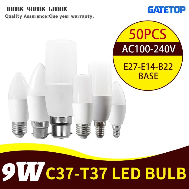 

50 шт. C37 T37 светодиодная лампа 9 Вт E14 E27 B22 цоколь 220 В 110 В Лампада Гостиная Дом Bombilla Теплый Холодный Белый